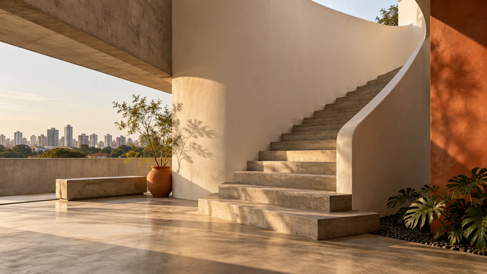 Composição arquitetônica com escada curva e luz natural